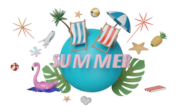 summer travel around the world concept with beach chair, ball, umbrella, plane, inflatable flamingo, coconut tree, starfish, pineapple, monstera leaf, 3d illustration or 3d render