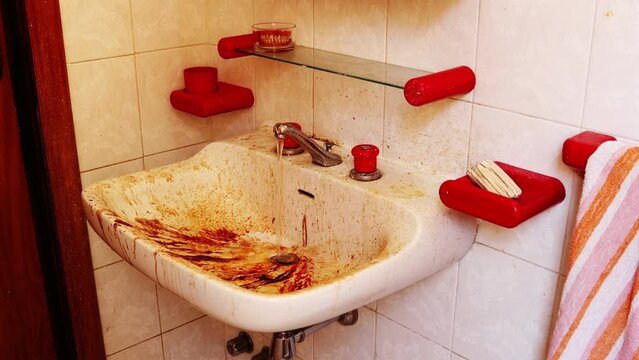Horrible dirty lousy Bathroom Sink with False Teeth in a glass