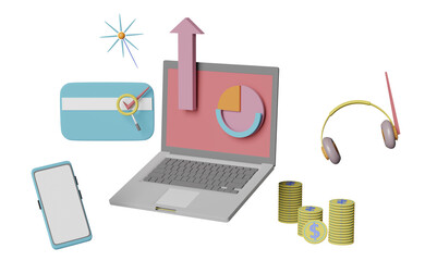 3d Laptop with charts and graph, analysis business financial data, Online marketing isolated. 3d render illustration