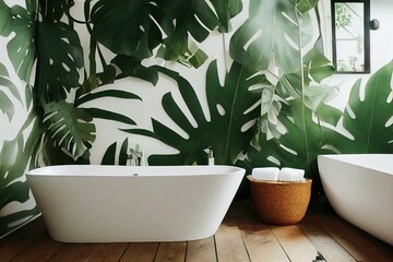 Interior design in urban jungle style. Modern bathroom decorated with green tropical plants and wicker home decor elements. Freestanding white tub, shower space and wash basin inside bohemian restroom