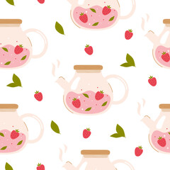 Glass teapot pattern with strawberry on white back
