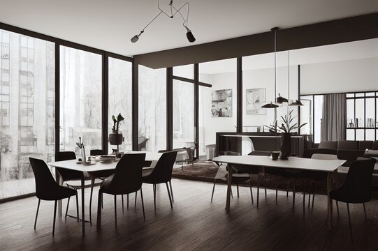 Stylish apartment interior with dining table and other furniture