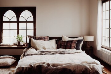 Side view of lovely bedroom with plaid and pillows on comfortable bed, home decor and cushions on soft armchair in white interior design in bohemian style