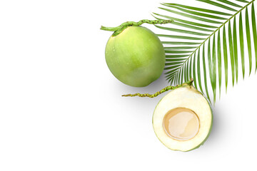 Fresh young green coconut with coconut juice isolated on white background with clipping path. Top view, flat lay.
