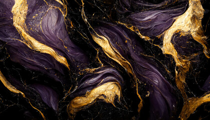 Fototapety  Abstract luxury marble background. Modern digital painting. Gold, black and purple colors. 3d illustration