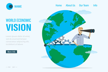 World economic vision, landing page template. Smart businessman sits in globe and looks through binoculars. Global recruitment, HR. International opportunity for business, investment or work.