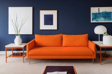 Orange pillow and blanket on navy blue sofa in colorful living room interior with table. Real photo