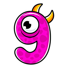 9.Funny Monsters Colorful Numbers, Cute Fantasy Aliens in the Shape of Numerals. Cartoon numbers from 0 to 9 icons are made in the form of human figures with big eyes and face. Arabic numerals. Vector