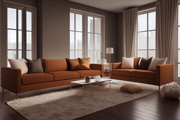 Obraz premium Sofa in brown living room with free space for mockup, 3D rendering