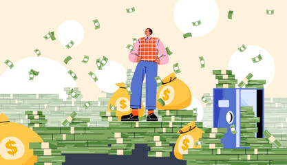 Rich man standing under money rain. Millionaire or successful businessman with stacks of cash, bills bundles, full money bags, safe and falling banknotes bundles, vector flat illustration