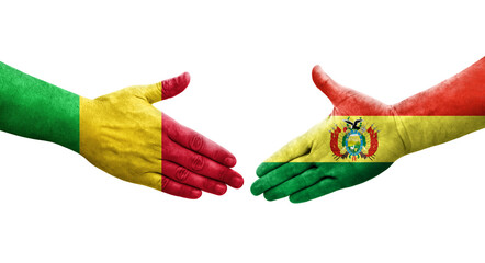 Handshake between Mali and Bolivia flags painted on hands, isolated transparent image.