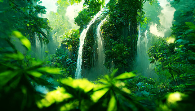 Beautiful river in lush jungle with waterfalls, The river flows through the mountains and the forest
