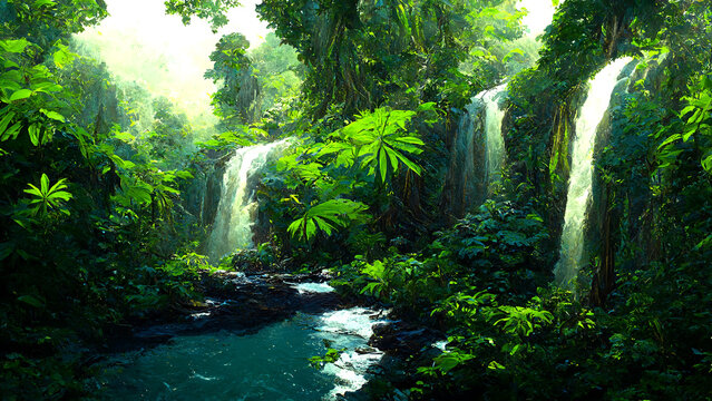 Beautiful river in lush jungle with waterfalls, The river flows through the mountains and the forest