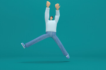 cartoon character wearing jeans and white long sleeve shirt.  3d illustrator in acting. He is doing exercise.