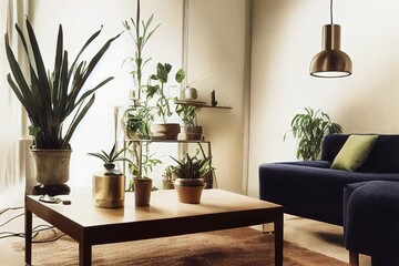 modern sofa near coffee table with plants, vintage lamp and head figurine in living room