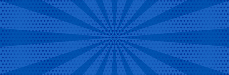 Blue pop art background with halftone dots and rays.
