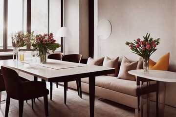Stylish and modern dining room interior with design sharing table glamour decoration and elegant accessories. Flowers in vase. Template. Interior design. Home decor.