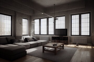 Living room interior in loft, industrial style, 3d render