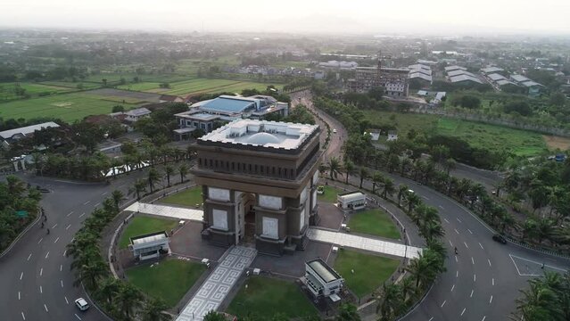 Kediri, East Java, Indonesia, Drone Aerial The beautiful Simpang Lima Gumul monument. Simpang Lima Gumul in one of Kediri icon. This building similliar with Arc de Triomphe in paris. Asean