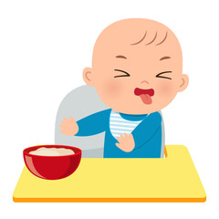 Cute baby rejecting food. Flat vector cartoon design