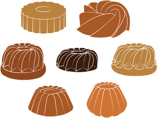 Set of bundt cake dessert vector illustration icons. Typical white brush outlined and colored ring cakes for Christmas and Easter.
