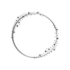 Round star frame. Wreath round star dust borders for party, birthday decor design. Space stars around thin lines. Isolated black flat vector illustration.