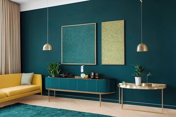 Panorama of a luxurious apartment interior with green walls, golden plant stands and a modern teal sideboard