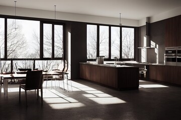 3d rendering modern dark wood kitchen with winter view