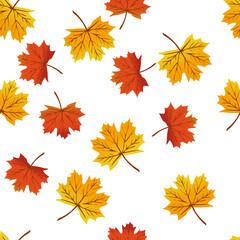 Obraz premium Autumn seamless pattern with red and yellow maple leaves on white background. Fabric pattern. Vector cartoon seamless background. Cute autumn design.