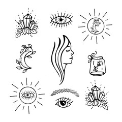 Esoteric symbols hand drawn set. Vector doodles eye, moon, sun, womans profile, crystals.