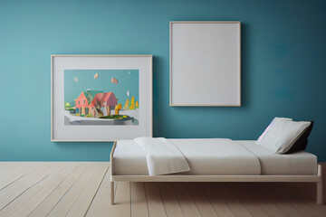 mock up poster frame in children bedroom, scandinavian style interior background, 3D render, 3D illustration