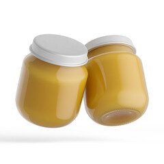 Jars of baby puree isolated on white. Render, 3d illustration. Label, mock up