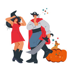 Halloween party with witch woman and pirate man cartoon characters, flat vector isolated illustration on white background. Halloween party banner or poster layout for invitations and cards.