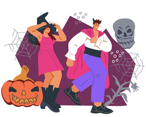 Halloween people in masquerade costumes rush to holiday party. Halloween witch woman and Dracula Evil man characters on dark background, flat vector isolated illustration.