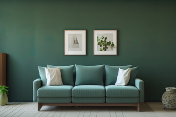 Living room with two green armchair on empty dark green wall background.3D rendering