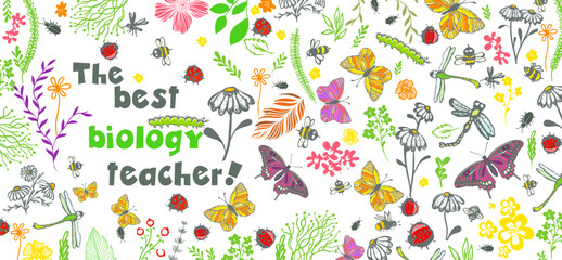 Mug design with flowers and insects. The best biology teacher. Vector illustration