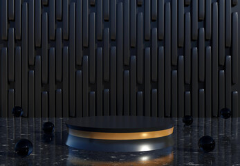 Black cylinder podium with decorative objects on dark background. Stand to show products. Stage showcase with copy space. Pedestal display.  3D rendering.