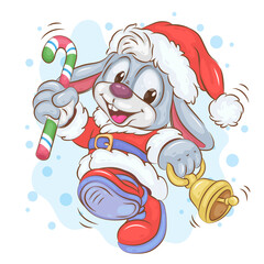 Christmas Bunny with a Bell. Cheerful illustration of a joyful Christmas Bunny hopping around with a candy stick and a bell. 