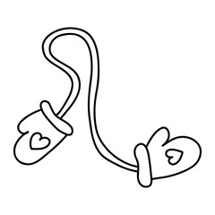 Doodle winter mittens on a rop. Cartoon element, vector sketch illustration, black outline art for web design, icon, print, coloring page