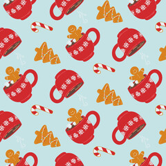 Winter seamless pattern with gingerbread and a cup of hot drink. Merry Christmas. Holiday banner design. Cooking background. Seamless pattern. Christmas background.