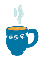 Blue mug with hot winter drink and steam. Traditional winter drink, tea, hot chocolate, cocoa. Vector christmas illustration. Traditional design.
