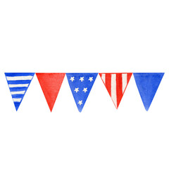 String garland of American flag set. Hand drawn watercolor png illustration on transparent background. Isolated hanging party decoration for 4th of july patriotic design of navy blue, bright red color