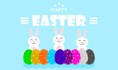 Happy Easter greeting card with rabbit and Colorful Easter eggs on Blue background. Bunny and text. Easter day concept. Vector illustration