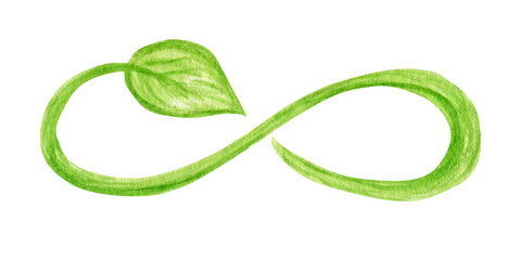 Green Recycled cycle green leafs icon, Infinity sign Watercolor hand drawn illustration on transparent background. Ecological design. Recycled eco zero waste lifestyle Recycle Reuse Reduce concept PNG