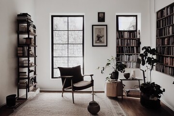 The white interior with copy space, books, vintage accessories and lama pot. Minimalistic concept of home interior.
