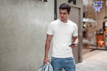 Men white t-shirt mockup with model street background