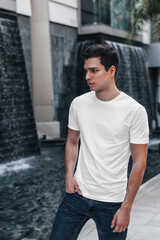 Men white t-shirt mockup with model street background