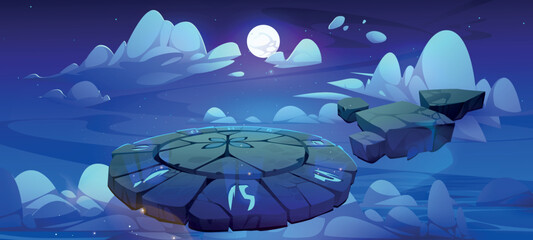 Battle arena, magic altar with runes in float night sky with clouds. Cartoon game background with floating round platform covered with glowing ancient signs and flying rocks, Vector illustration - obrazy, fototapety, plakaty