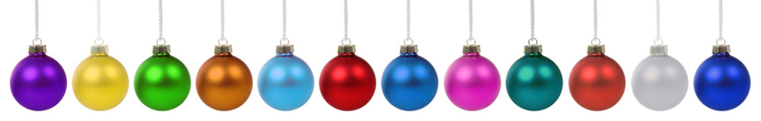 Collection of christmas decoration balls baubles colorful banner in a row isolated on a white background