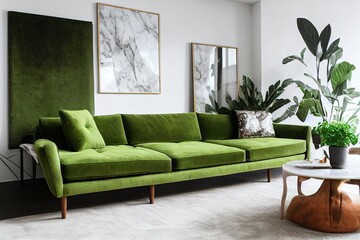 Design composition of living room interior with green velvet sofa and chair, stylish coffee table, marble table lamp, pillow, hanging flowerbed, plants and elegant accessories. Modern home decor
